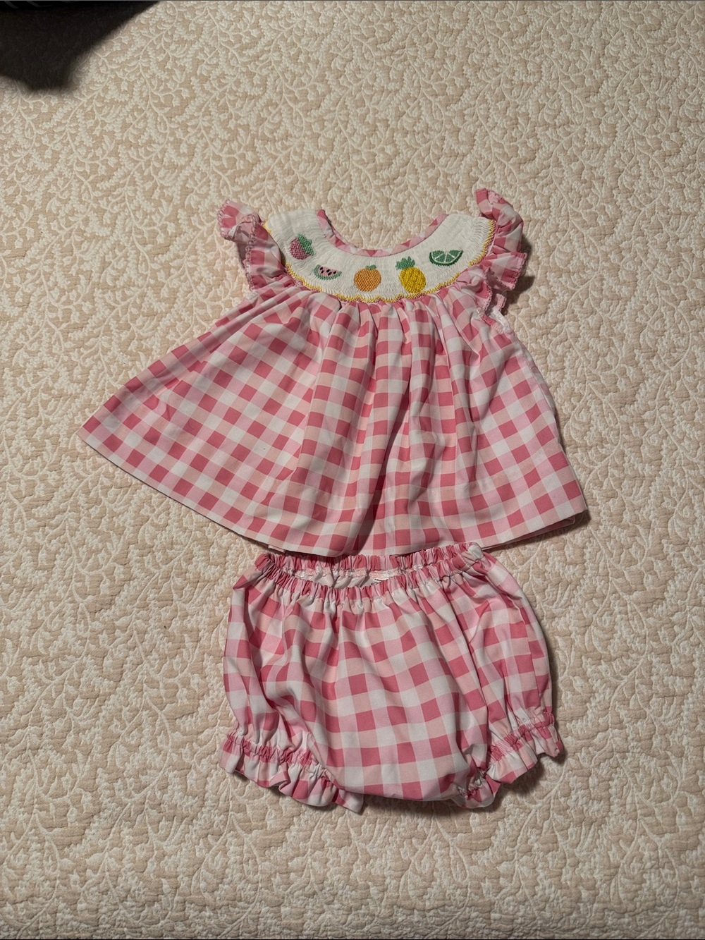 Poppy kids Pink Gingham Smocked Fruit Baby Dress & Bloomers